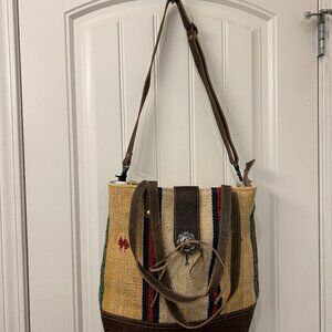 Myra Woody Goody Canvas Aztec Print Double Handle Shoulder Bag Crossbody Purse